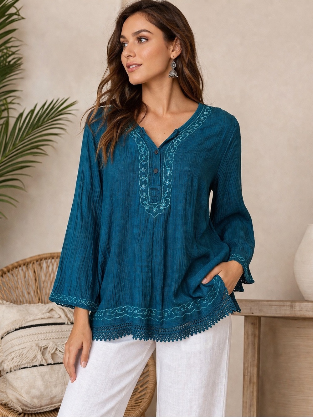 Boho Embroidered Blouse Teal Rayon Crochet Hem India Boutique OS